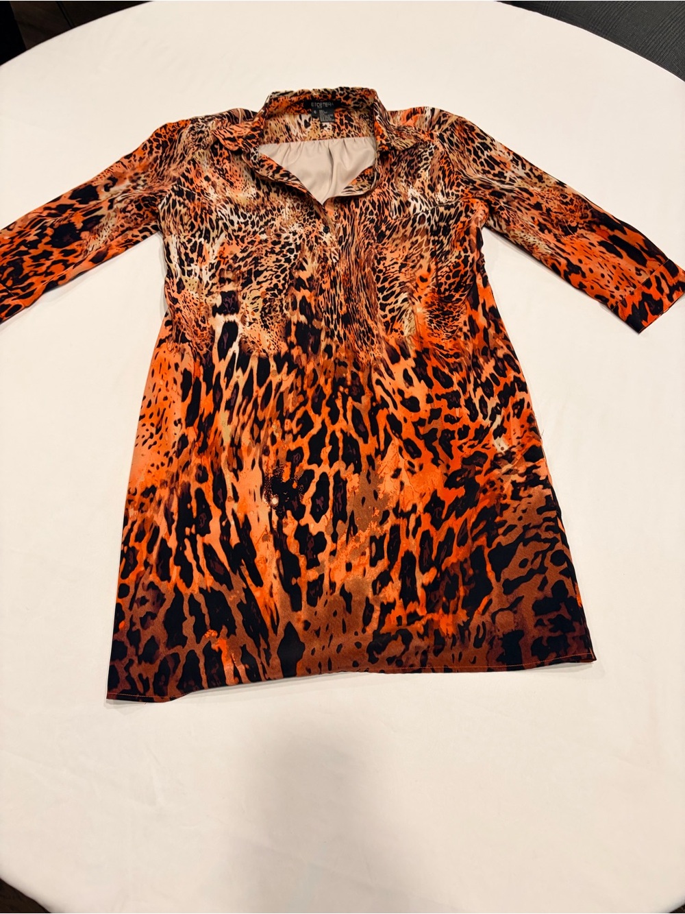 ETCETERA Orange Leopard Print 100% Silk Shift Dress Size 6